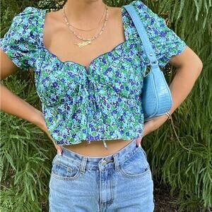 ZARA Floral Ruffle Crop Top Small Blue Green Puff Sleeve